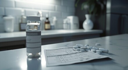 Prescription Medication Bottle with Tablets and Dosage Instructions on Kitchen Countertop