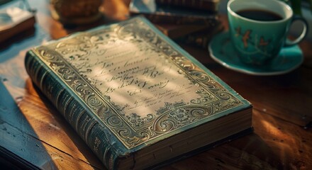Vintage Book with Ornate Cover and Teacup on Wooden Table in Sunlight