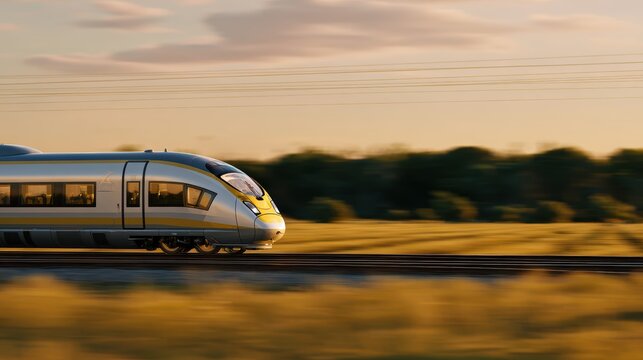 High-speed train traveling at sunset through countryside - Powered by Adobe