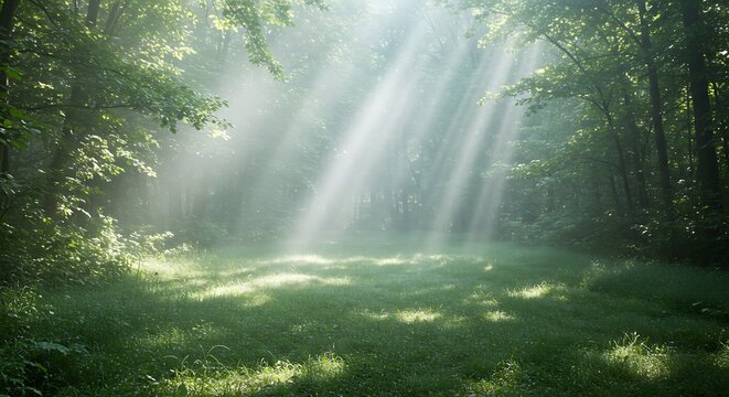 Sunbeams Streaming Through a Misty Forest