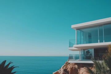 Fototapeta premium Stock photo of a modern house situated by the sea, featuring a blue sky backdrop, with no one present inside