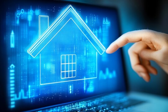 A man touches a virtual house icon to explore the concept of real estate investment, including mortgage loans, home insurance, and property mortgages, with a focus on interest rates and business