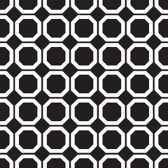 A seamless pattern of white octagons surrounding black squares on a black background repeating texture