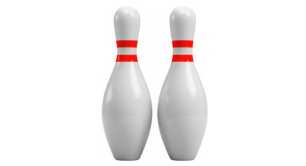 Two white bowling pins with red stripes isolated on transparent background