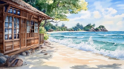 Obraz premium A watercolor representation of a coastal hideaway showcases a beach house, fusing tranquility with the allure of rustic simplicity