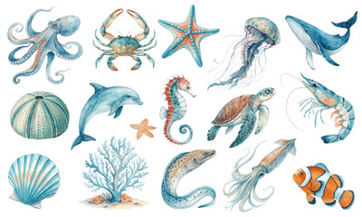 Watercolor Vector Set of Sea Animals and Ocean Creatures Clipart Collection