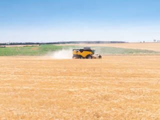 Combine harvester cutting wheat crop creating dust in summer field
