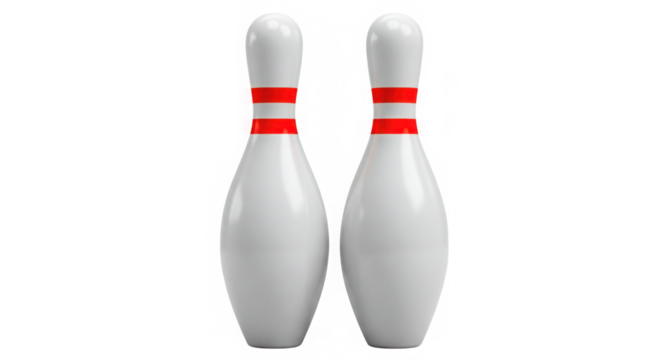 Two white bowling pins with red stripes isolated on transparent background