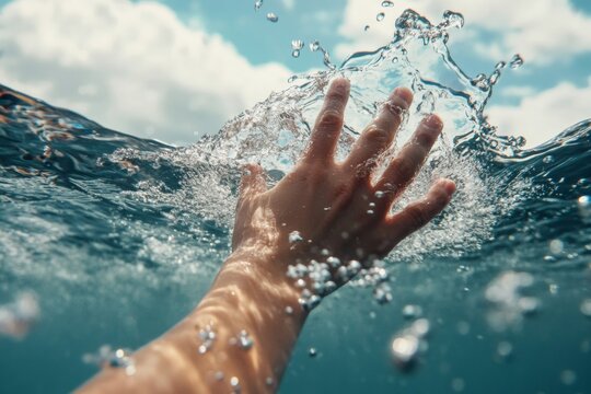 A hand reaches out from the depths, breaking the waters surface, grasping for air as bubbles surround it under a clear blue sky in a breathtaking moment of struggle and hope