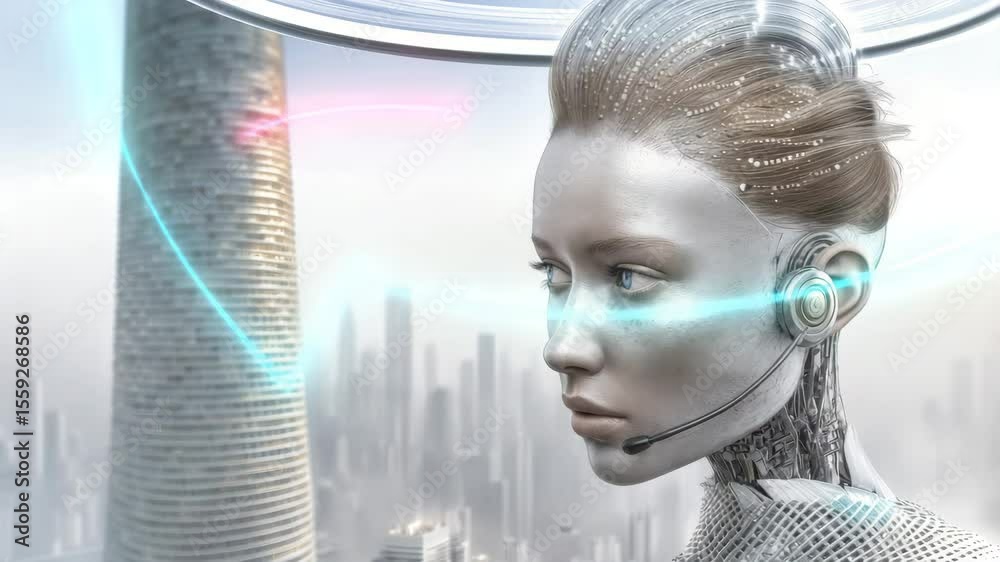 Aufkleber artificial intelligence in the metropolis: a cyborg with realistic facial features and a glowing hal