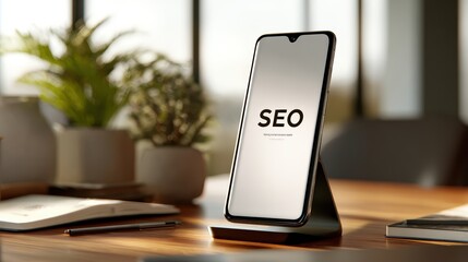 Smartphone displaying seo text on stand in cozy workspace with sunlight