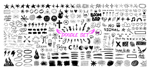 Doodle, sketch and scribble elements graphic box. Drawn mini sketches, drawings and various strokes, underlines and other scribbles. Sketches, doodles drawn with chalk, marker, pencil, crayons. Vector