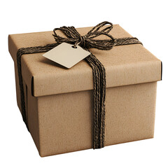 A 3D model of kraft paper-wrapped gift box with twine bow and blank gift tag - isolated on a white background