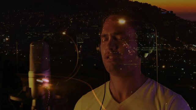 Closing eyes singer in headphones starting music recording, escalating into mic amid city skyline