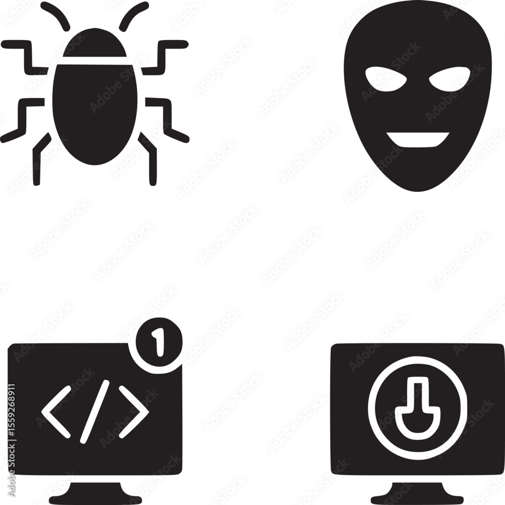 Fototapete depicts a bug icon a mask icon a computer screen with code and a computer screen with download icon