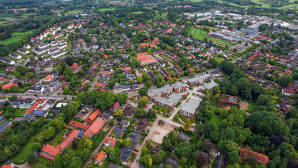 Aerial view of the old town of the city Bad Zwischenahn in Germany on an sunny spring noon