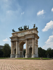 The renewed Napoleonic Arco della Pace marble arch near the Castello Sforzesco castle downtown,...