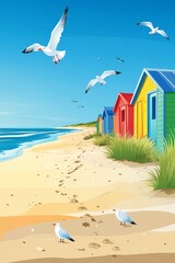 Fototapeta premium A poster illustration highlights the beach huts of Deauville, which are lined up along the sandy shores of Deauville, Normandy, in a colorful display