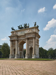 The renewed Napoleonic Arco della Pace marble arch near the Castello Sforzesco castle downtown,...
