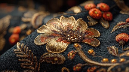 Detailed arrangement of beautiful textile flowers with golden accents and orange bead centers