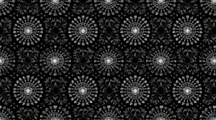 A repeating geometric pattern of black and white circles
