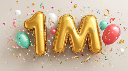 Golden 1M Balloons and Confetti Celebration