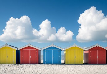 Multicolored beach huts stand in a row on the white sand with a clear blue sky in the background