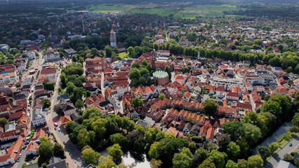 Aerial view of the old town of the city Jever in Germany on an sunny spring noon