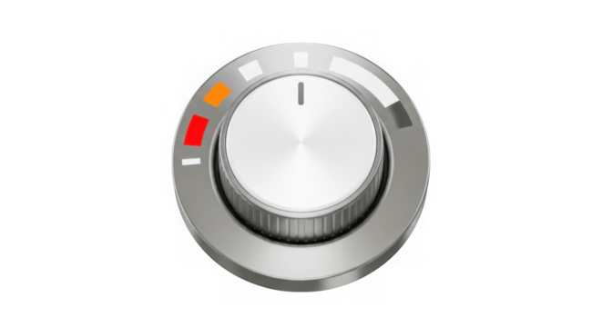 Modern metallic rotary dial with temperature indicator isolated on transparent background