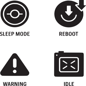 Illustration of sleep mode reboot warning and idle icons in black and white on a white background