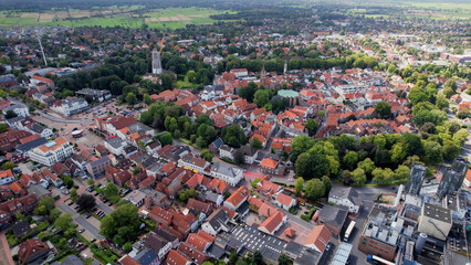 Aerial view of the old town of the city Jever in Germany on an sunny spring noon