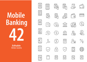 Mobile Banking Line Icons, Online Payment, Balance, Transaction History, Bank App, QR Code, Card, and More , Editable Formats: AI, EPS, JPG, PNG , Ideal for Both Digital and Print Use


