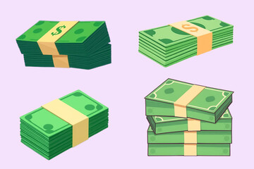 Colorful cartoon stacks of cash in various styles. Ideal for finance, savings, or business-themed designs. High-quality vector illustration with playful, vibrant tones.