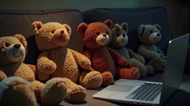 Adorable teddy bears are snuggled together on a cozy couch, focused on a laptop screen, creating a heartwarming scene of leisure and companionship, soft and gentle.