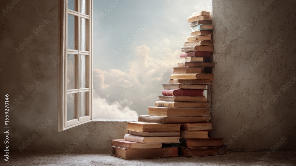 Poster Stacked Books Create a Staircase Leading to an Open Window Above a Dream-Like Landscape