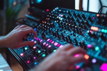 Hands are skillfully adjusting various knobs on a modular synthesizer in a cozy home studio filled with glowing LED displays and creative energy, enhancing the music production process