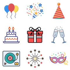 Obraz premium Flat icon party 9 icon set featuring balloons, cake, drinks, music, confetti, fireworks, and more, perfect for celebrations and festive designs