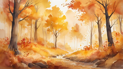 Bright watercolor autumn woods with falling leaves, soft brushwork, golden tones, and a textured forest path scene glowing in afternoon light