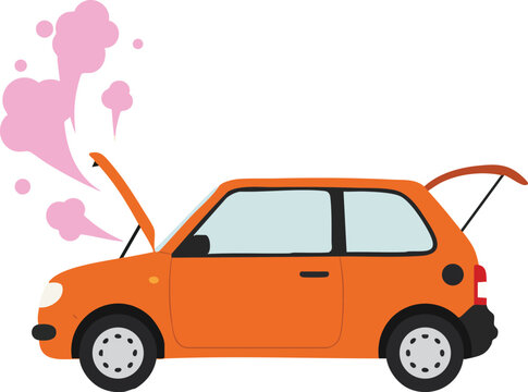 Broken orange car with open hood and trunk emitting pink smoke vector illustration for vehicle repair or malfunction concept