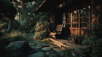 Old wooden sign sits on a rock near a rushing river in the mountains of Japan in the summer