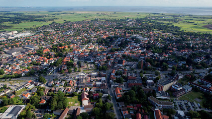 Aerial view of the old town of the city Varel in Germany on an sunny spring noon