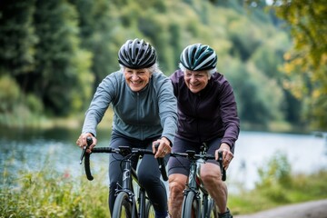 A senior couple rides bicycles side by side along a picturesque lakeside trail. They wear helmets and smile joyfully, showcasing their active lifestyle and love for outdoor activities