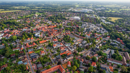 Aerial view of the old town of the city Westerstede in Germany on an sunny spring noon
