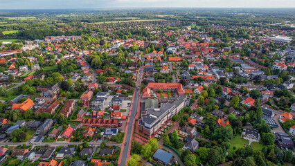 Aerial view of the old town of the city Westerstede in Germany on an sunny spring noon