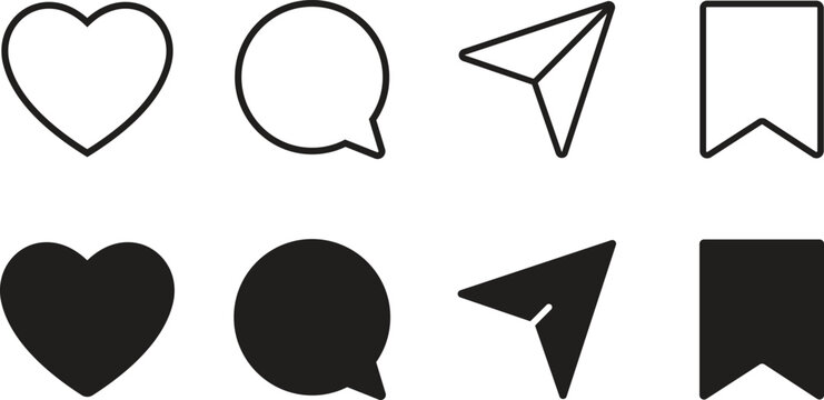 Social media user interface icon set. Instagram interface buttons isolated on transparent background. Includes like, comment, share, save, message icons. Vector illustration.