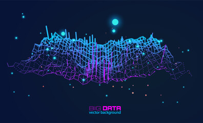 Volumetric data clusters creating organic terrain with floating bar graphs. Perfect for tech conference slides, smart city projects, or NFT data art collections. Cyberpunk aesthetic vector background