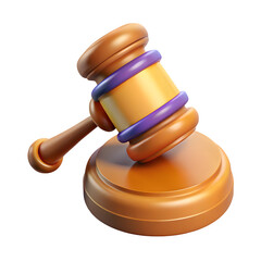 Stylized 3d rendering of a wooden gavel with purple bands and a golden head isolated on transparent background