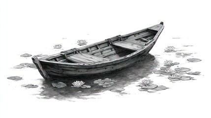 Gray-scale illustration of a weathered rowboat