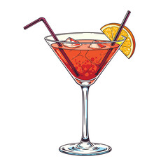 Colorful cocktail with ice and a slice of orange in a glass and straws. Summer, vacations, weekend and holidays. Bars and restaurants drink menu  