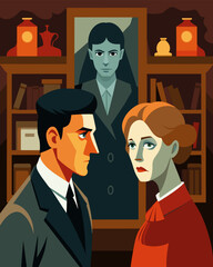 The old photograph in the antique shop revealed a story of betrayal the subjects eyes glaring at each other with silent accusations and resentment.. Vector illustration